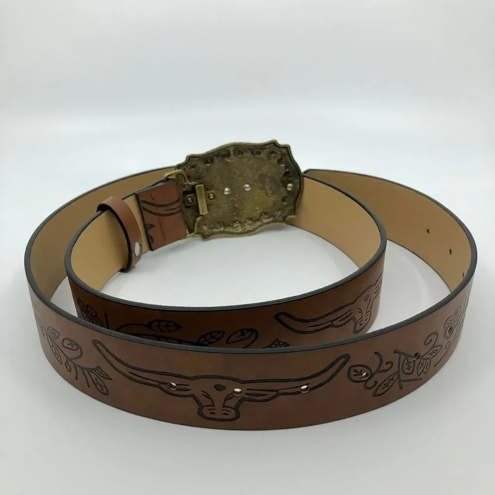 Women's Western Brown Belt w/ Big Longhorn Buckle, 31.5–40.5 Inches, X7G9A796